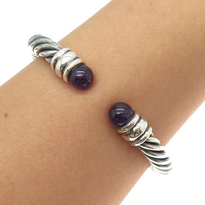 925 Sterling Silver Vintage Real Amethyst Twisted Cable Cuff Bracelet 7.25"