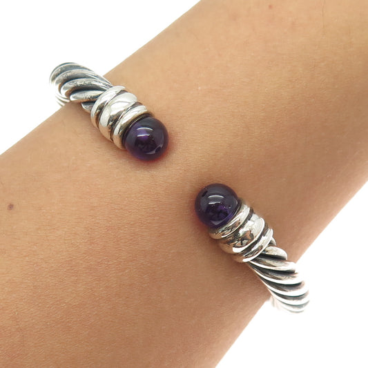 925 Sterling Silver Vintage Real Amethyst Twisted Cable Cuff Bracelet 7.25"