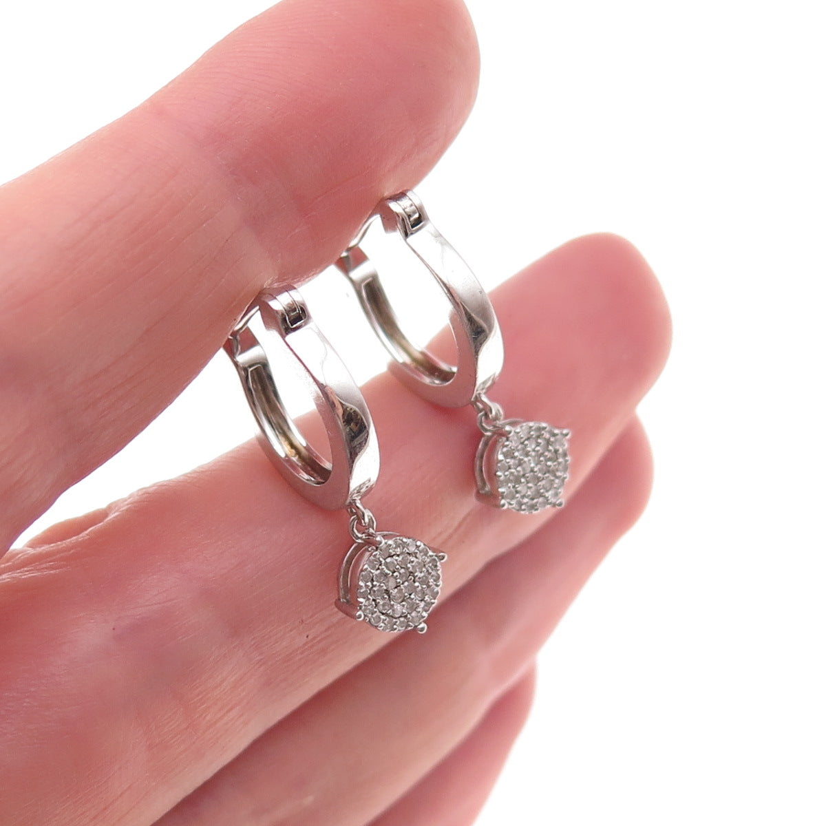 925 Sterling Silver Real Round-Cut Diamond Dangle Charm Hoop Earrings