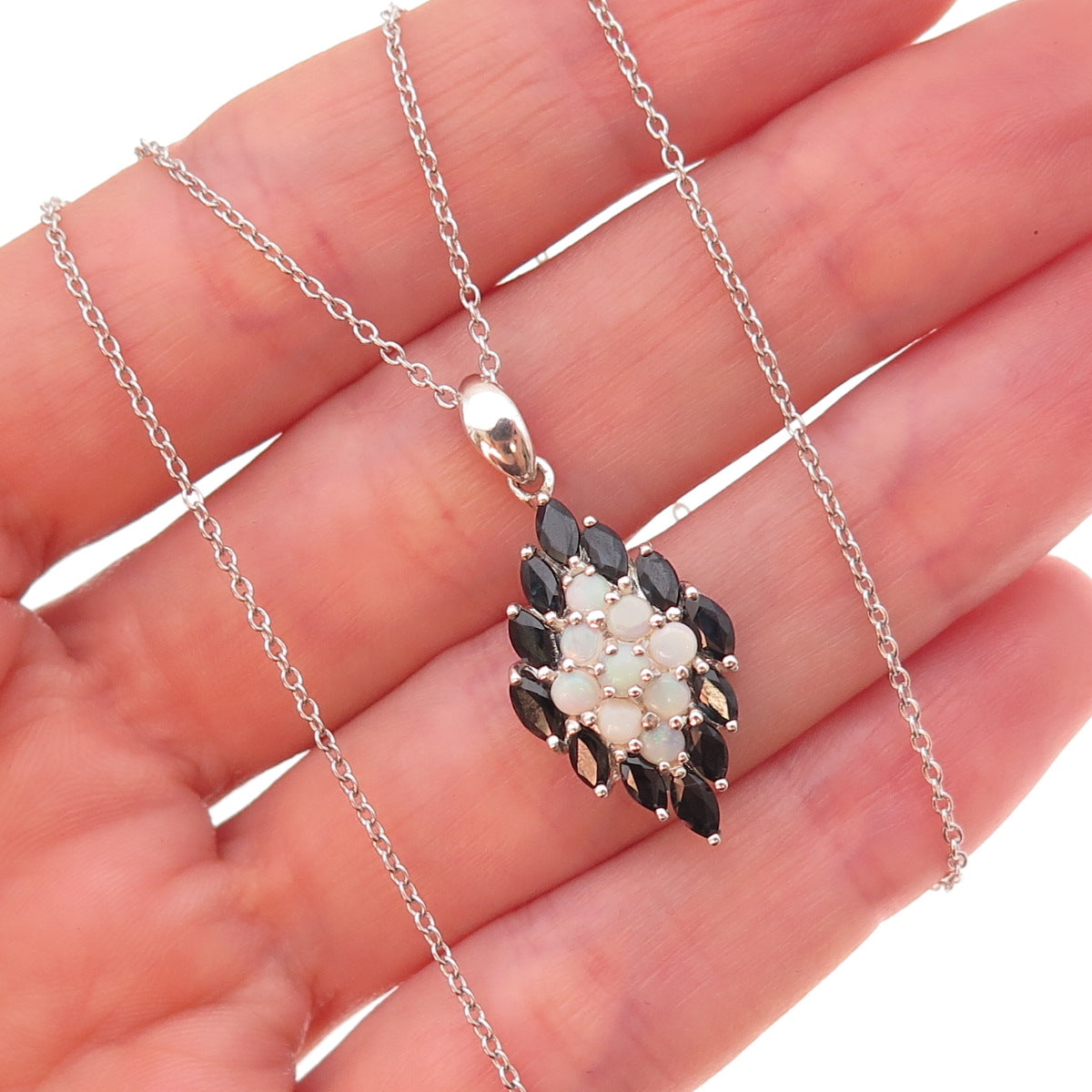 925 Sterling Silver Real Sapphire & Opal Cluster Cable Chain Necklace 18"