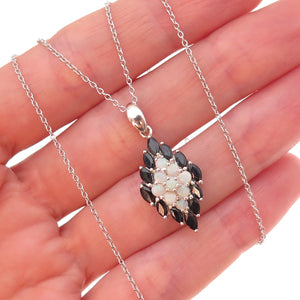 925 Sterling Silver Real Sapphire & Opal Cluster Cable Chain Necklace 18"