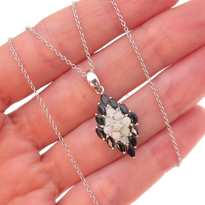 925 Sterling Silver Real Sapphire & Opal Cluster Cable Chain Necklace 18"