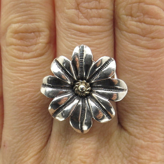 AE ART'S ELEGANCE 925 Sterling Silver 2-Tone Vintage Flower Ring Size 7.25