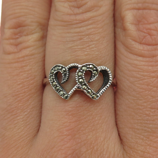 925 Sterling Silver Vintage Real Marcasite Gem Couple of Hearts Ring Size 8.25