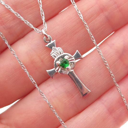 925 Sterling Vintage Heart-Cut C Z Irish Claddagh Cross Chain Necklace 22"