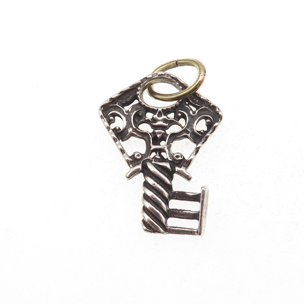 925 Sterling Silver Antique Art Deco Floral Key Oxidized Charm Pendant