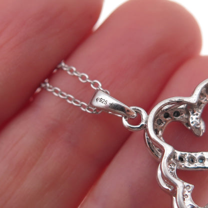 925 Sterling Silver Real Blue & White Diamond Heart Cable Chain Necklace 18"