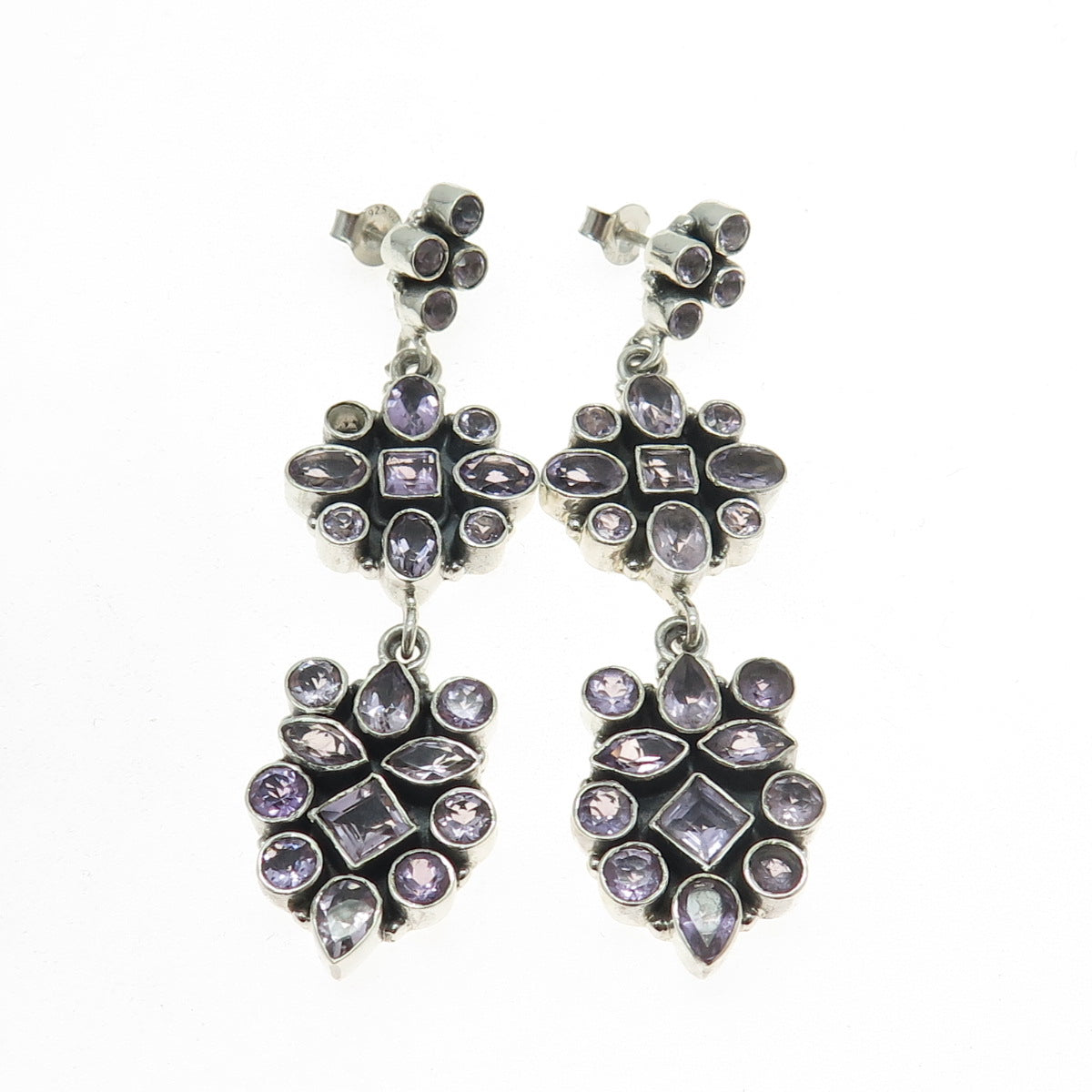 925 Sterling Silver Vintage Real Multi-Cut Amethyst Floral Dangling Earrings