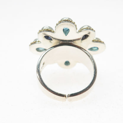 925 Sterling Vintage Real Pearl Topaz & Tanzanite Flower Adjustable Ring Size 7