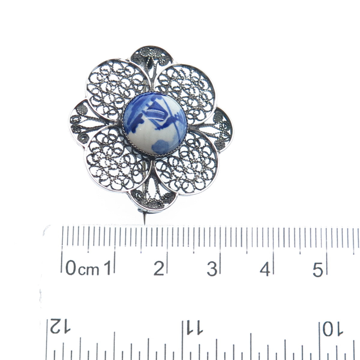 DELFT 835 Silver Vintage Netherlands Ceramic Old Mill Filigree Pin Brooch