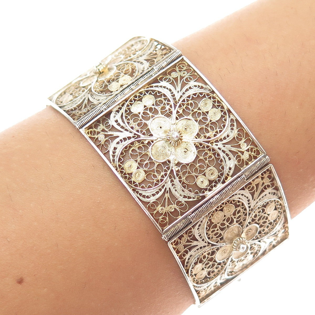 800 Silver Gold Plated Antique Italy Flower Filigree Panel Link Bracelet 7.25"