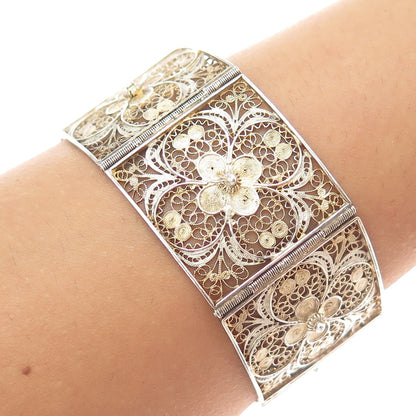 800 Silver Gold Plated Antique Italy Flower Filigree Panel Link Bracelet 7.25"