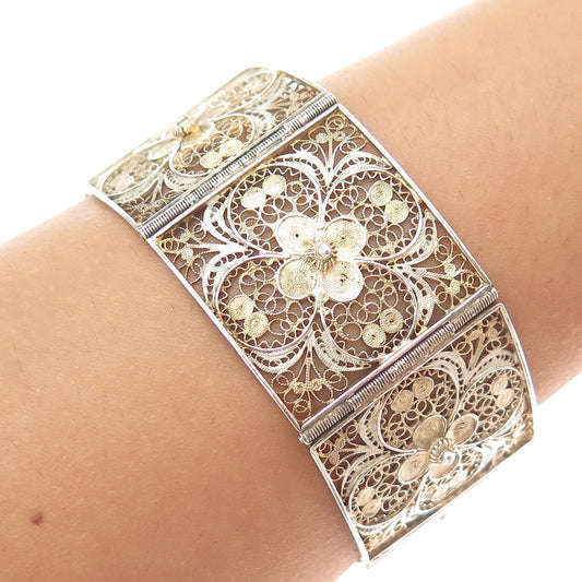 800 Silver Gold Plated Antique Italy Flower Filigree Panel Link Bracelet 7.25"