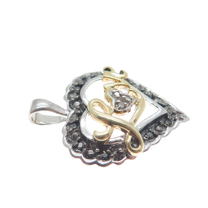 925 Sterling Silver 2-Tone Real Black & White Diamond "Love" Heart Pendant