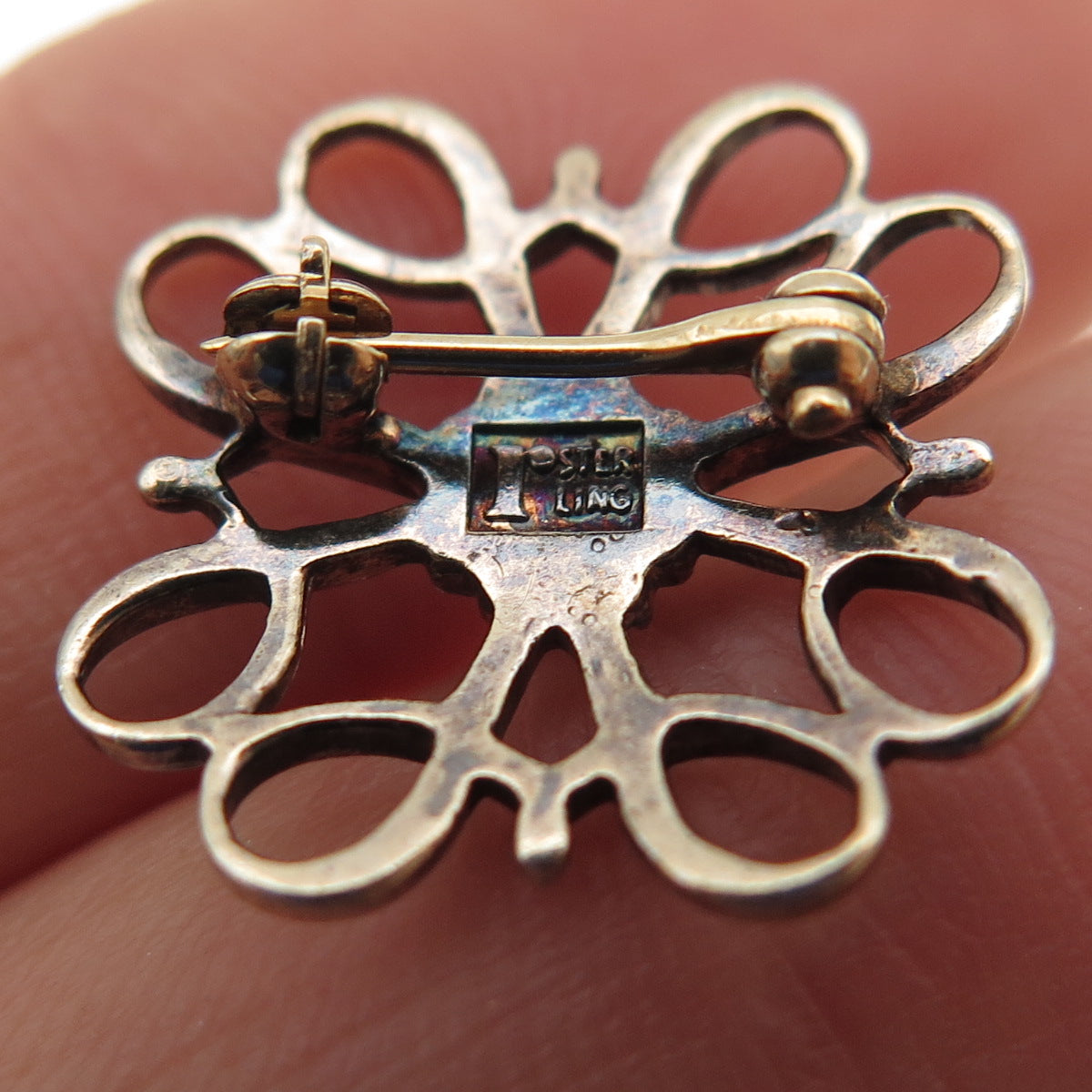 ROBBINS & CO. 925 Sterling Gold Plated Antique Art Deco Real Ruby Flower Brooch