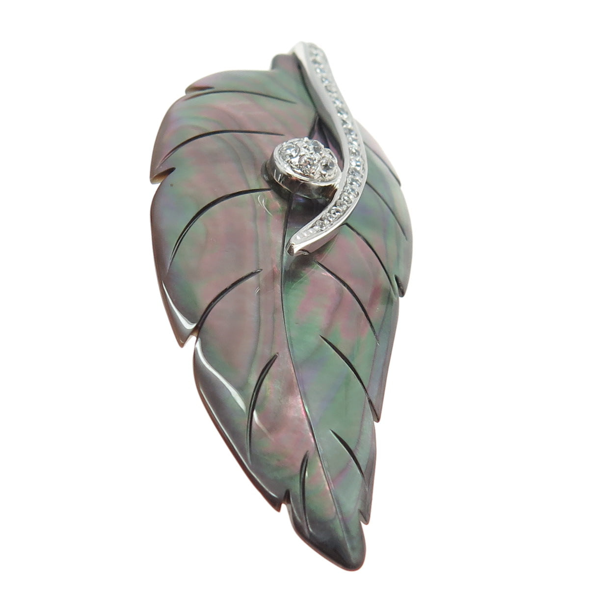 925 Sterling Silver Real Abalone Shell & C Z Leaf Modernist Pin Brooch