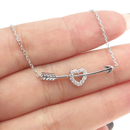 925 Sterling Silver C Z Arrow in Heart Rolo Chain Necklace 16"