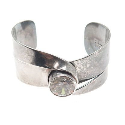 925 Sterling Vintage Mexico C Z Modernist Oxidized Adjustable Cuff Bracelet 7.5"