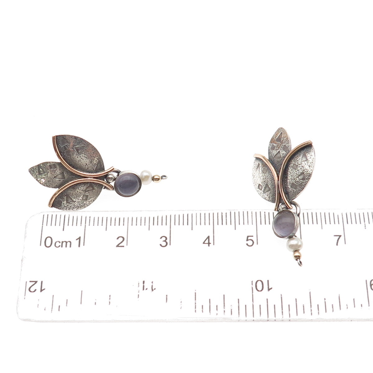 925 Sterling Gold Filled Vintage Real Pearl & Iolite Modernist Floral Earrings