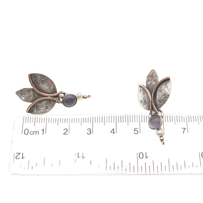 925 Sterling Gold Filled Vintage Real Pearl & Iolite Modernist Floral Earrings