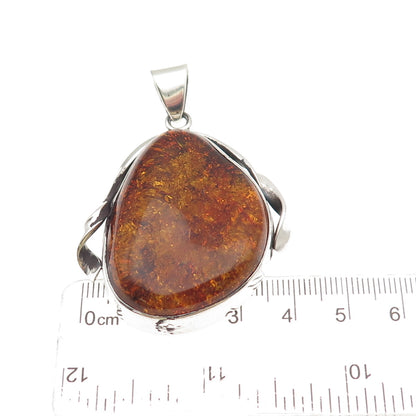925 Sterling Silver Vintage Real Amber Modernist Oxidized Pendant