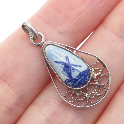 925 Sterling Silver Vintage Ceramic Old Windmill Filigree Teardrop Pendant