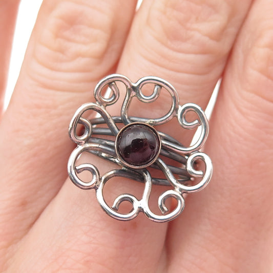 925 Sterling Silver Vintage Real Rhodolite Swirl Flower Oxidized Ring Size 8.25