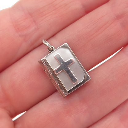 925 Sterling Silver Antique Art Deco Real MOP Cross Prayer Mini Locket Pendant