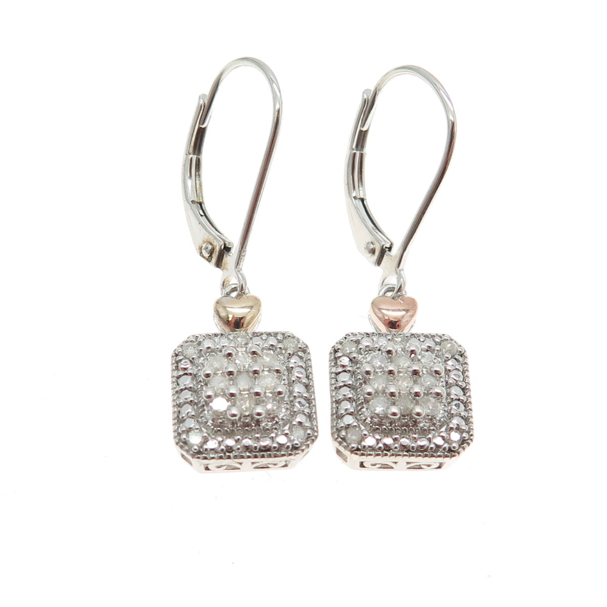 SUN 925 Sterling Silver 2-Tone Real Round-Cut Diamond Dangling Earrings