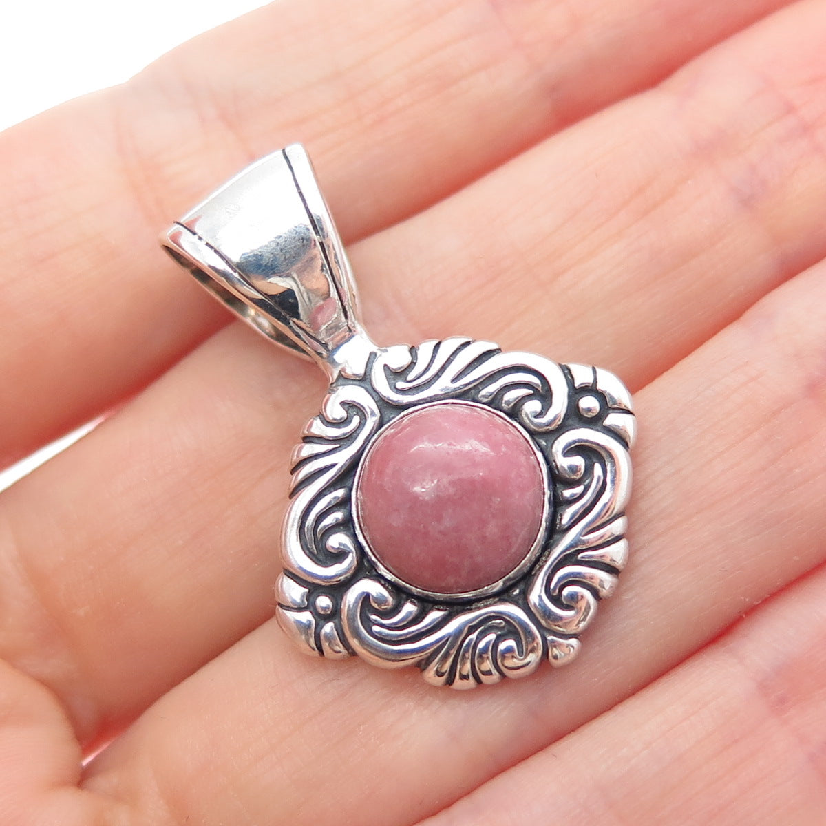CAROLYN POLLACK 925 Sterling Silver Vintage Real Rhodonite Floral Charm Pendant