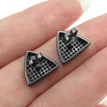 925 Sterling Silver Real Round-Cut Black Spinel Oxidized Triangle Earrings