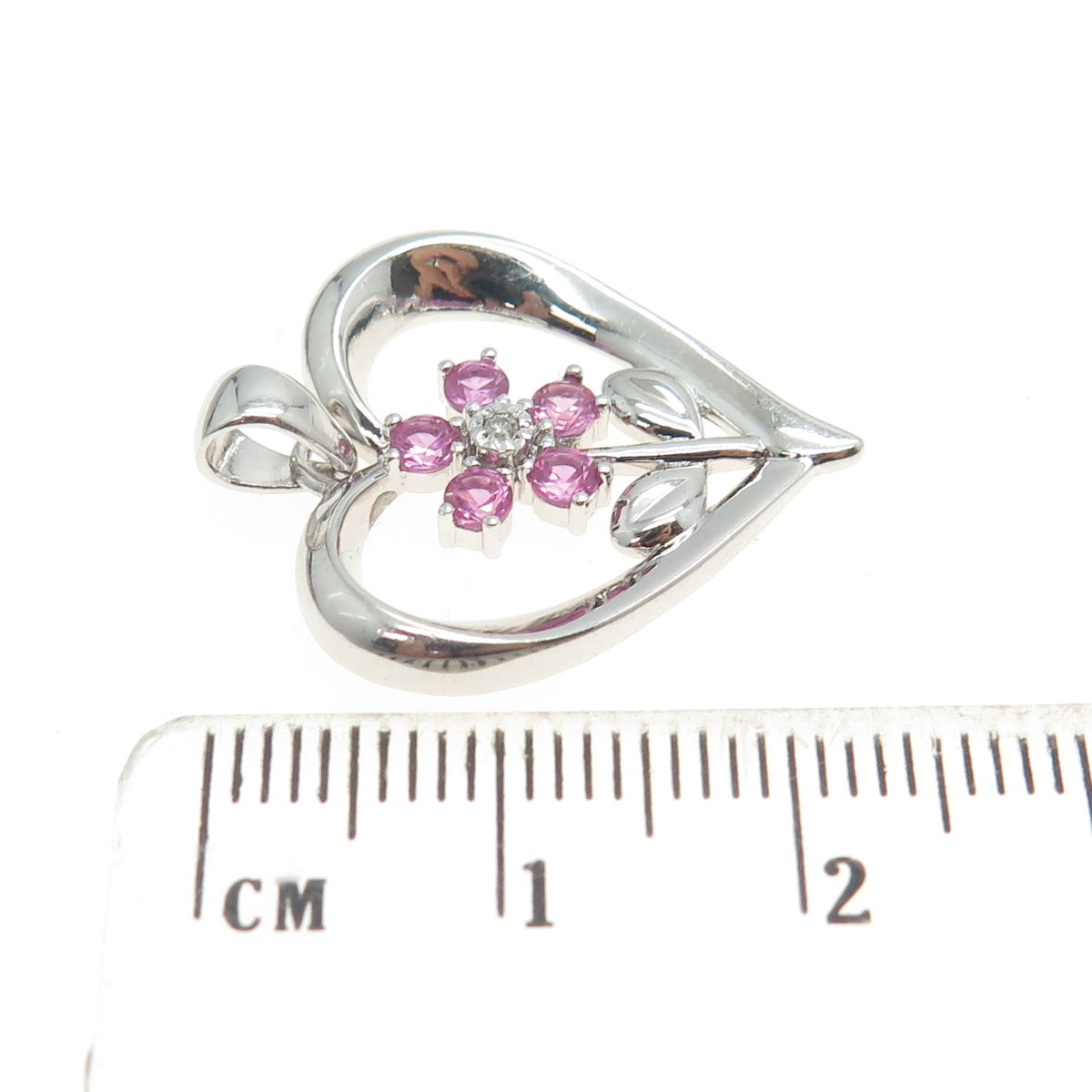 925 Sterling Silver Real White Diamond & Pink Sapphire Gem Heart Floral Pendant