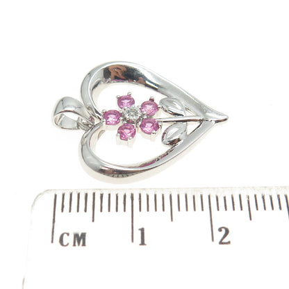 925 Sterling Silver Real White Diamond & Pink Sapphire Gem Heart Floral Pendant