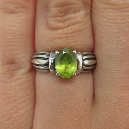 925 Sterling Silver Vintage Real Peridot Gemstone Ribbed Ring Size 5.75