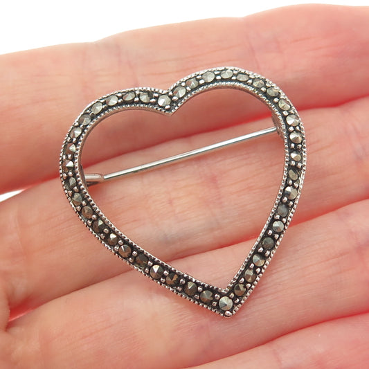925 Sterling Silver Vintage Real Marcasite Heart Pin Brooch