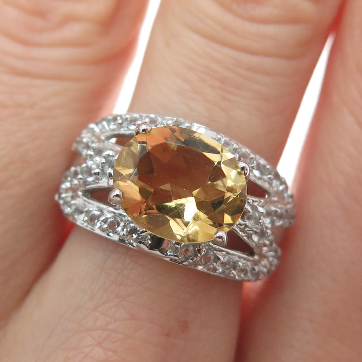 925 Sterling Silver Real White Topaz & Citrine Gemstone Cluster Ring Size 7