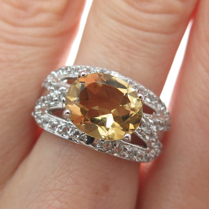 925 Sterling Silver Real White Topaz & Citrine Gemstone Cluster Ring Size 7