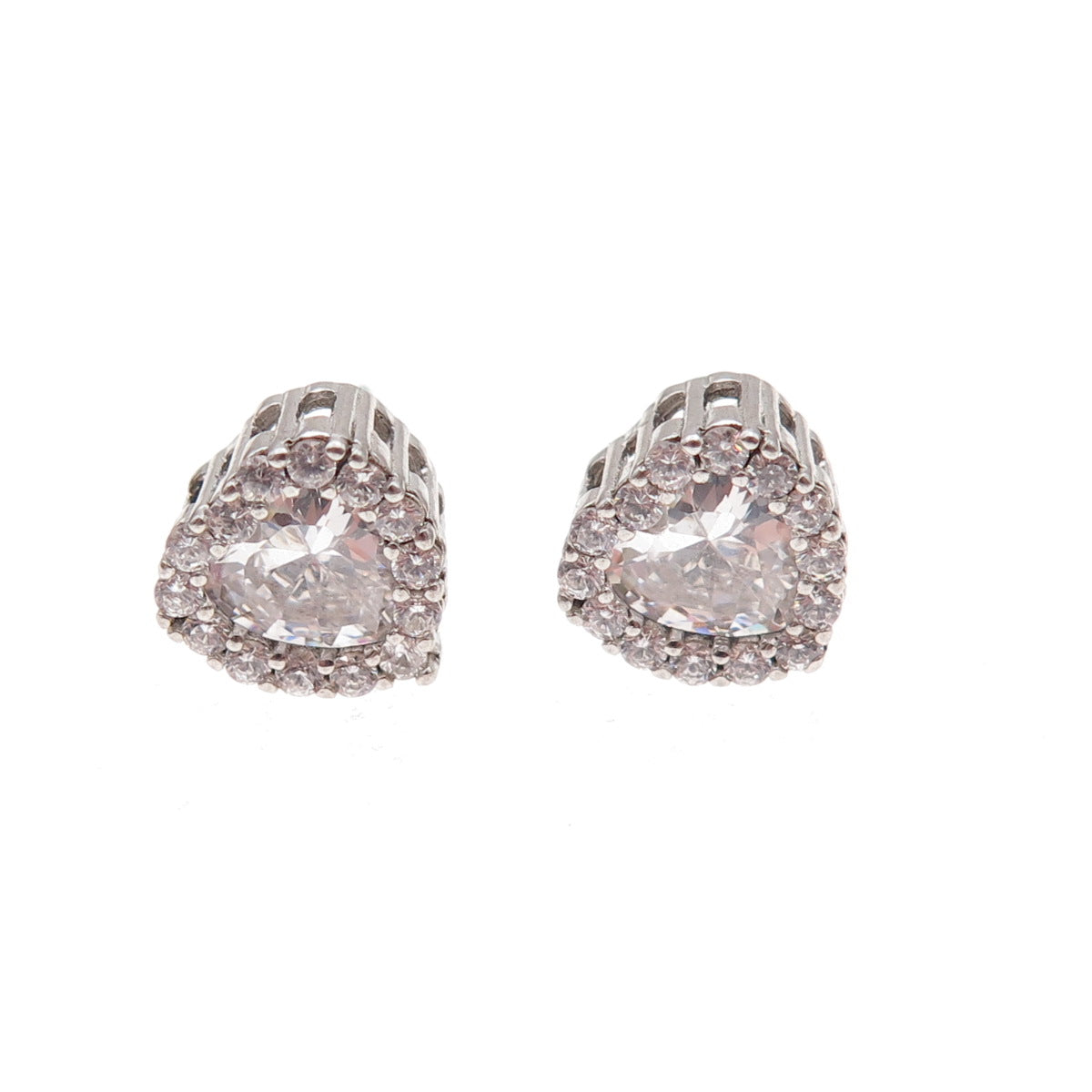 925 Sterling Silver Heart & Round-Cut C Z Stud Earrings