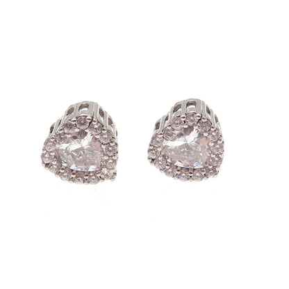 925 Sterling Silver Heart & Round-Cut C Z Stud Earrings