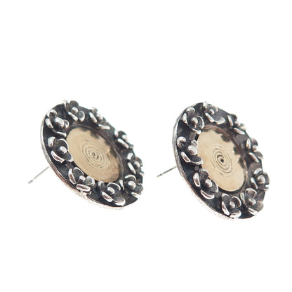 925 Sterling Silver 2-Tone Vintage Modernist Flower Blossom Oxidized Earrings