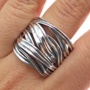 925 Sterling Silver Vintage Modernist Crisscross Oxidized Ring Size 10