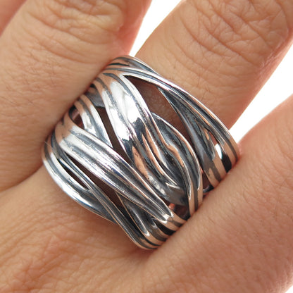 925 Sterling Silver Vintage Modernist Crisscross Oxidized Ring Size 10
