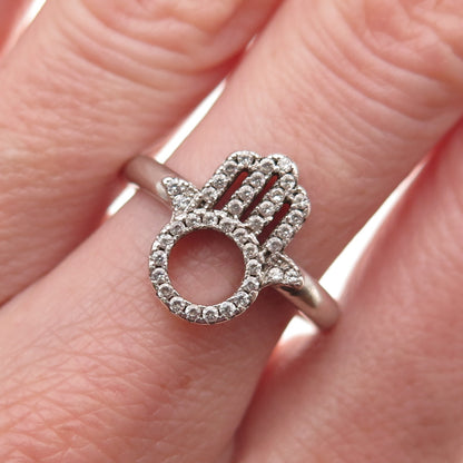 925 Sterling Silver Round-Cut C Z Hamsa Amulet Ring Size 7.75