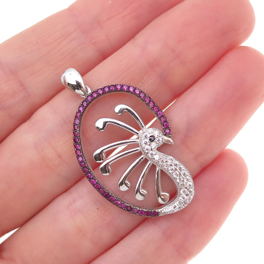 925 Sterling Silver Lab-Created Ruby Black & White C Z Peacock Charm Pendant