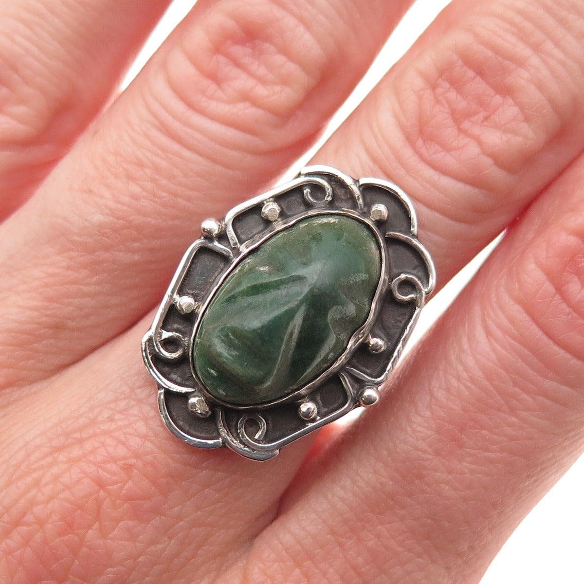 925 Sterling Silver Vintage Mexico Real Jade Carved God Oxidized Ring Size 7