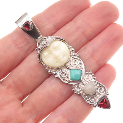 SAJEN 925 Sterling Silver Vintage Real Turquoise Garnet & Agate Goddess Pendant