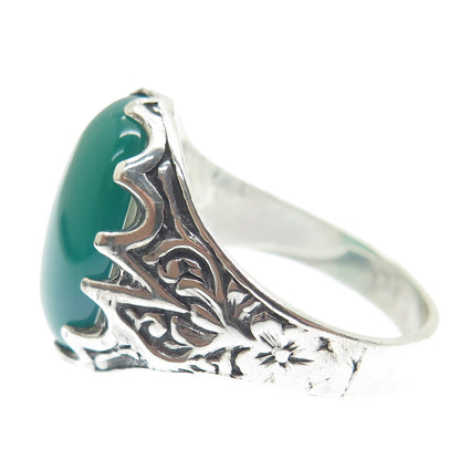 925 Sterling Silver Vintage Green Agate Flower Oxidized Ring Size 11.5
