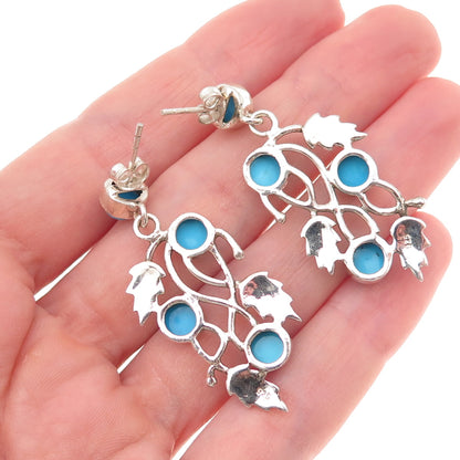 925 Sterling Vintage Real Sleeping Beauty Turquoise Floral Leaf Dangle Earrings