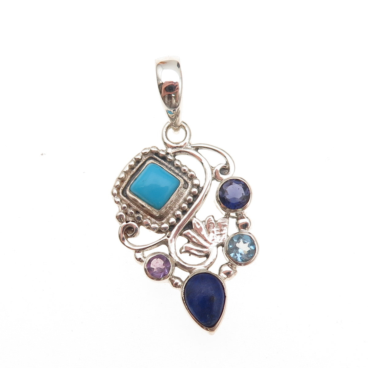 925 Sterling Silver Vintage Real Turquoise Lapis Iolite Topaz & Amethyst Pendant