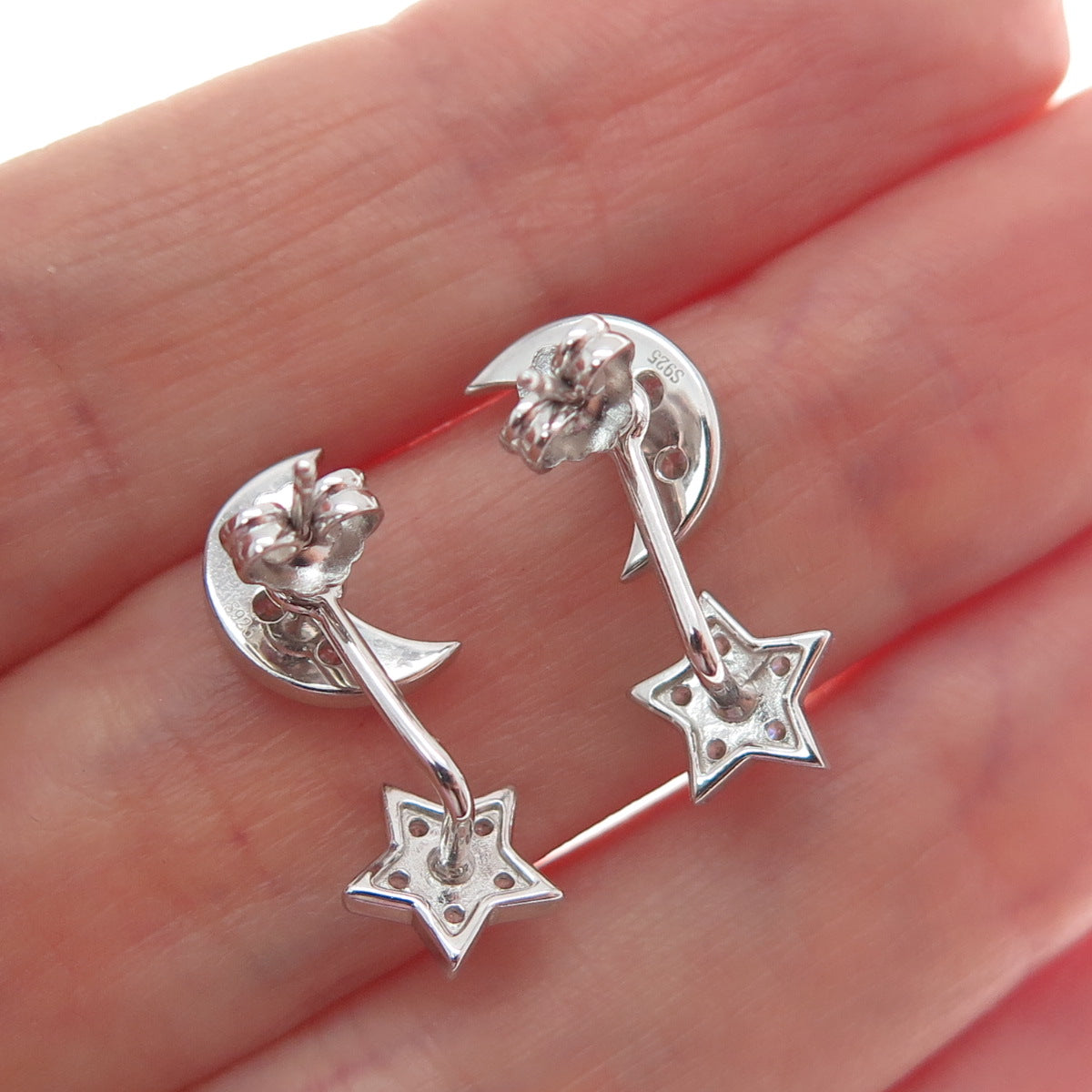 925 Sterling Silver Round-Cut C Z Crescent Moon & Star Interchangeable Earrings